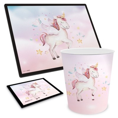 ITENGA Papierkorb Schreibtischunterlage Mauspad Set EINHORN Aquarell Kunststoff