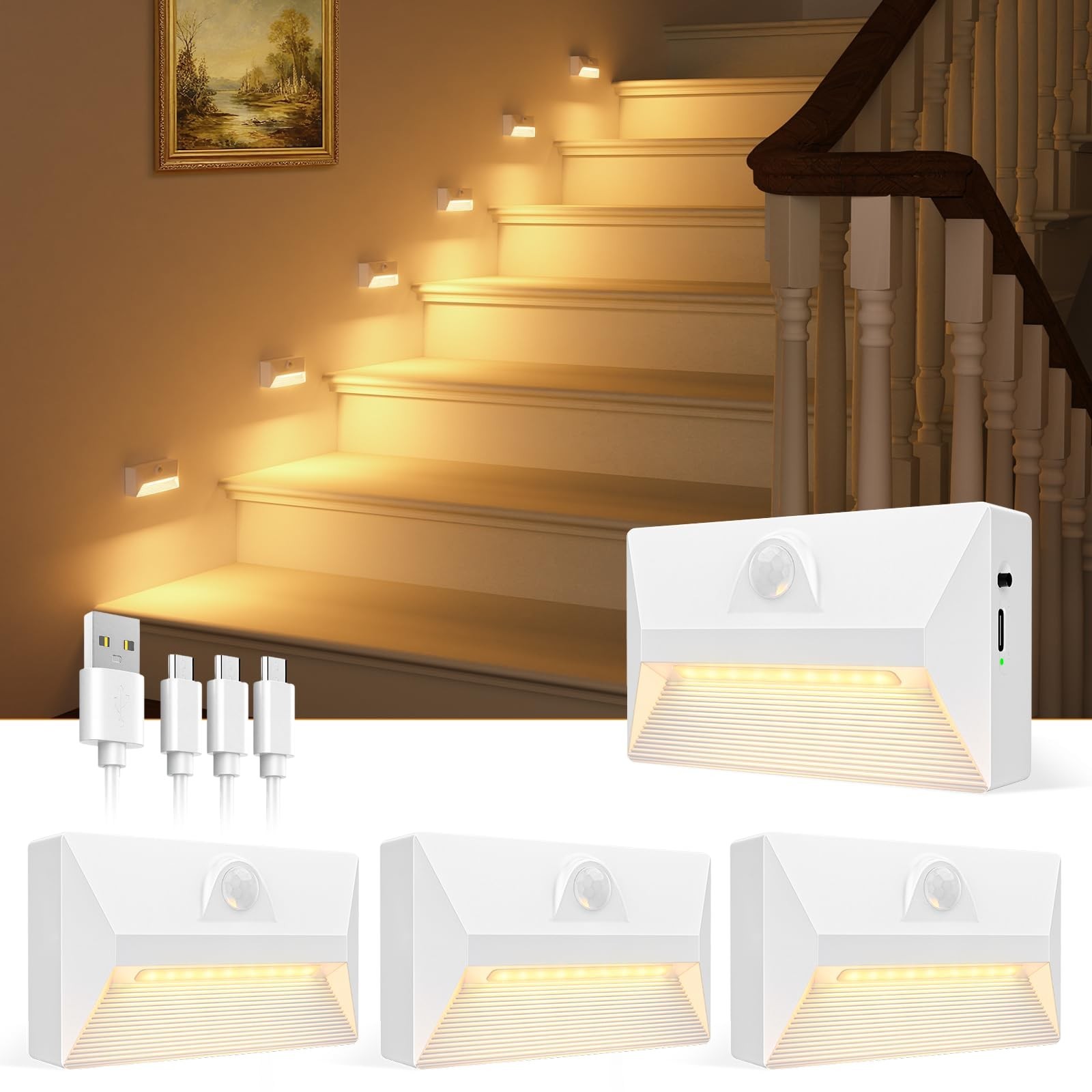 VOLISUN Motion Sensor Stair Light Rechargeable 4 Pack, Night Lights 3 Modes &...