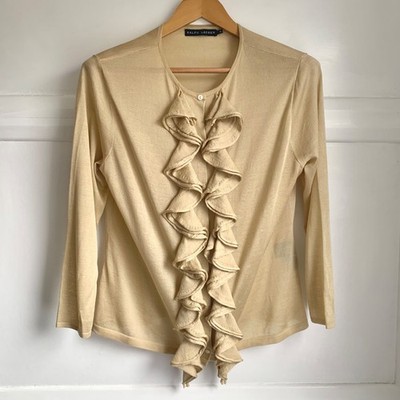 Ralph Lauren Seide Kaschmir Rüschen Strickjacke Damen XL Gold Rundhals Feinstrick