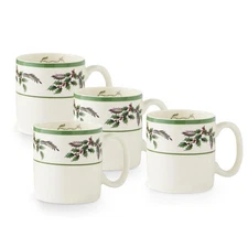 Christmas Tree Collection Holly Mugs, Set of 4-9 Oz. Fine Earthenware Cups wi...