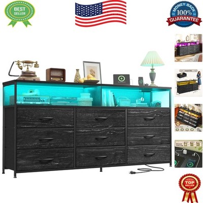 55'' Modern Dresser & LED TV Stand with 9 Drawers & Power Outlets - Grain Black