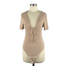PRIVACY PLEASE Bodysuit Ribbed Tan Short Sleeve Top Lace Up M Xenia