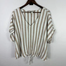 Ava & Viv Blouse Womens 2X White Stripe Linen Blend Boho Coastal Preppy Hippie