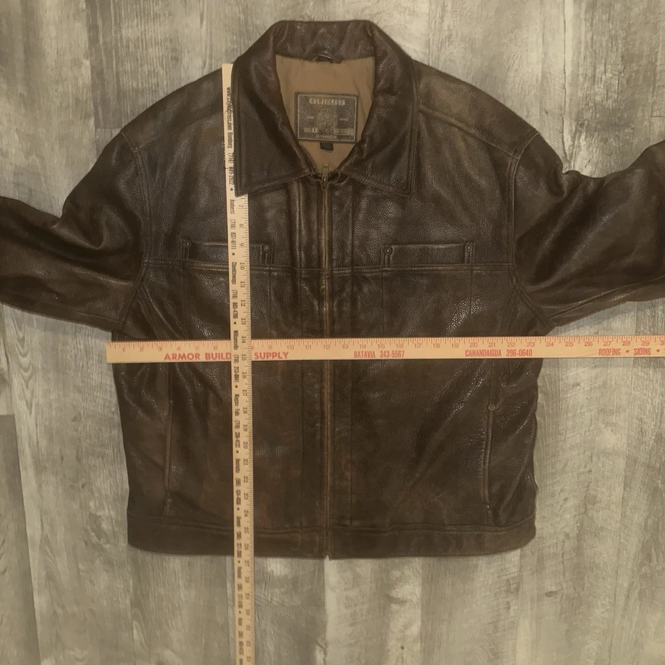 Chaqueta de cuero GUESS para hombre XL marrón envejecido cremallera frontal prendas exteriores aspecto vintage Foto 3 de 4