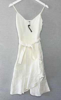 NWT! Banana Republic Womens 2 Linen Blend White Ruffle Faux Wrap Dress Lined