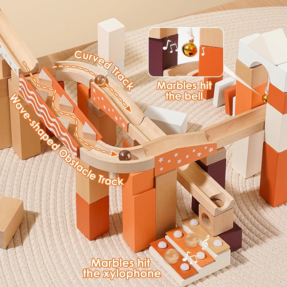 Wooden Marble Run Blocks for Kids 4-8, 80 Pieces Wood Building Blocks Toys and C - Image 3 of 4