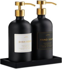 Glass Soap Dispenser Set of 2 Black W/ Silicone Tray Hand  Dish Soap Dispenser