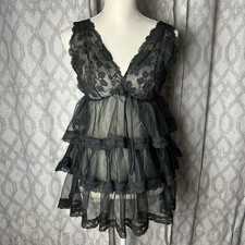 Vintage 90s Sheer Black Lace Babydoll Top Fairy Grunge Peplum Made in USA Medium