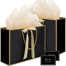 Black Gift Bags with Handles, 14" Medium Gift Bag with Tissue Paper, 2 Pcs Bags