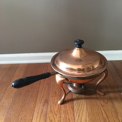 Vintage 1960s MANNING & BOWMAN Tinned Copper Chafing Dish, Stand, & Fuel Burner
