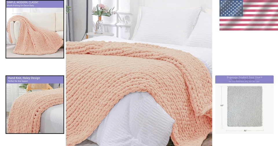 Large Chunky Knit Blanket, Peach Fuzz - Image 2 of 4