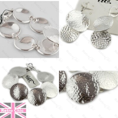 RETRO OHRRINGE & ARMBAND großer Kreis Stamm SILBER MODE Münzen gehämmert Scheiben UK