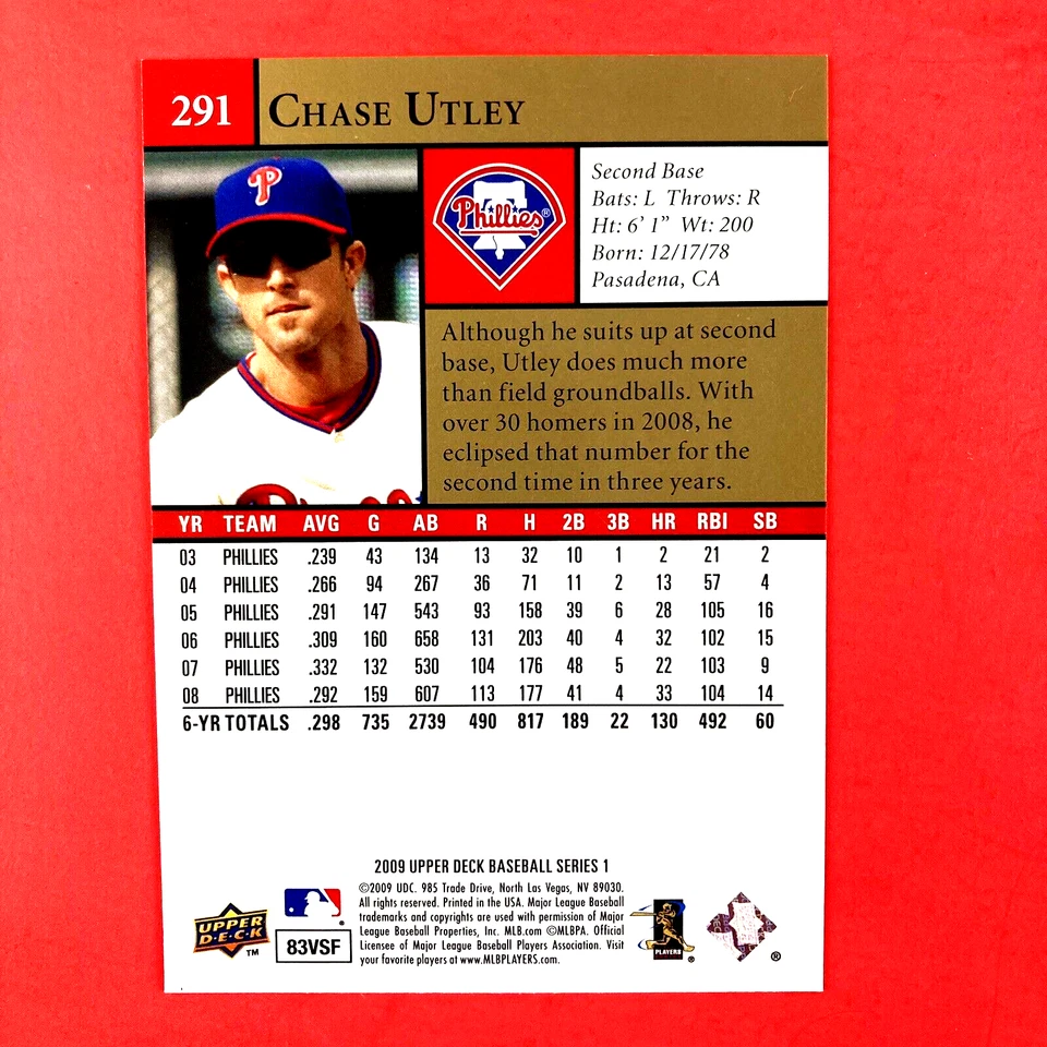 Chase Utley 2009 Upper Deck Card #291 MLB Philadelphia Phillies - Image 2 of 2