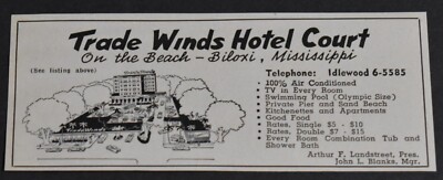 1958 Print Ad Mississippi Biloxi Trade Winds Hotel Court Arthur Landstreet Art