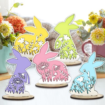 5Pcs Easter Bunny Wooden Table Signs Pastel Floral Rabbit Tabletop Centerpiec...