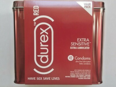 Durex Red Condoms Lubricated Latex Extra Sensitive Fine 42 Ct Sealed Retail Tin 