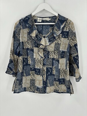 Kathy Che Blouse Womens 8 Blue Beige Ruffles Button Front Flutter Sheer Floral