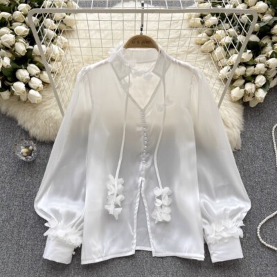 Summer Women Shiny Satin Blouse Shirt Top V-Neck Puff Sleeve Sheer Ruffle  Blouse