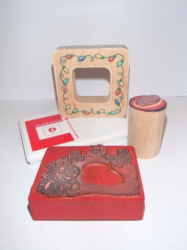 3 Christmas Wooden Rubber Stamps Ink Pad Santa and Christmas Lights Crafting 