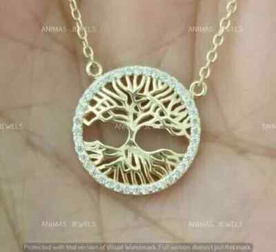2 Ct Round Cut Moissanite Tree of Life Pendant 14k Yellow Gold Plated Free Chain