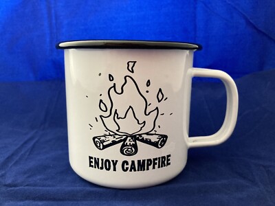 White Enamelware ''Enjoy Camping'' Metal Mug / Cup