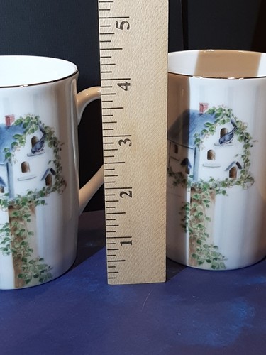 Vtg Set 2 Otagiri Coffee Cups Blue Bird/House On Post W Vines Jan Jamison SPRING - Picture 10 of 14