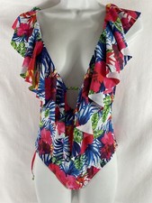 Sporlike Women One Piece Swimsuit V Neck Ruffle Bathing Suit Padded Floral Sz S