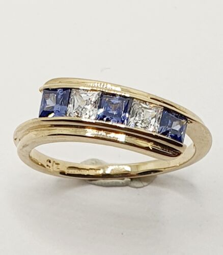9ct Tanzanite & CZ Crossover Twist 5 Stone Yellow Gold Hallmarked Ring Size M - Picture 1 of 20