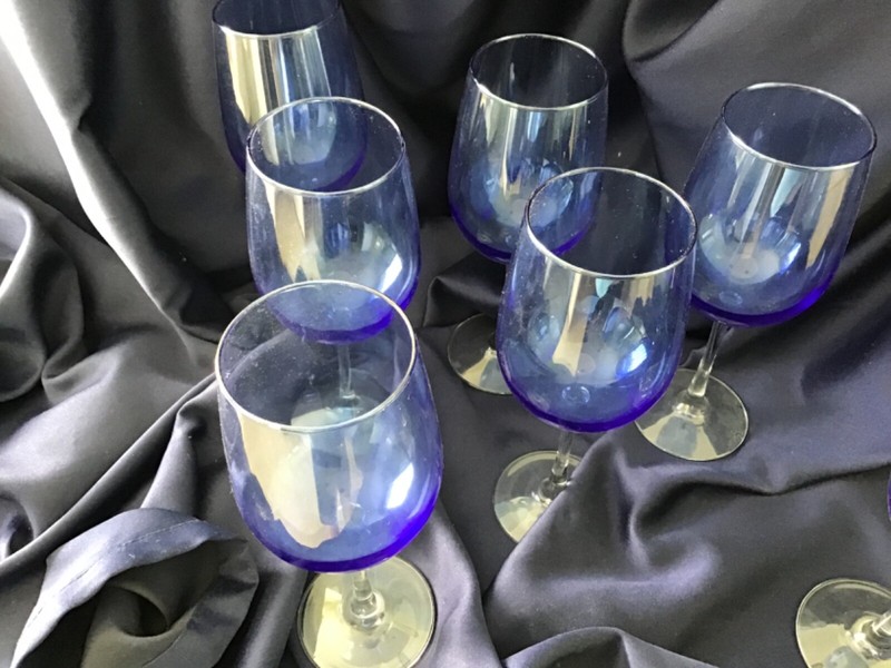 6 VINA BLUE large STEMMED WINE GLASSES by LIBBEY GLASS CO + BUY IT NOW BONUS!!!