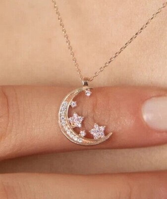 Round Cut Simulated Diamond Gorgeous Moon Star Pendant In 14K Rose Gold Plated