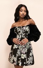 ASOS LUXE off shoulder jacquard mini dress velvet sleeves black floral Size 6