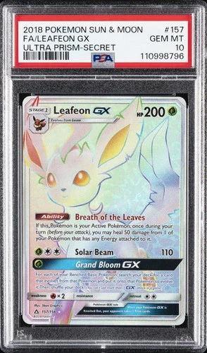 2018 POKEMON SUN & MOON ULTRA PRISM SECRET #157 FULL ART/LEAFEON GX PSA 10