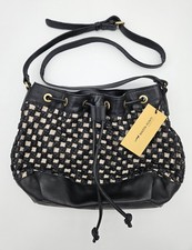 New Marta Ponti Portugal Black Leather Woven Crossbody Bag, Tan Fabric, NWT