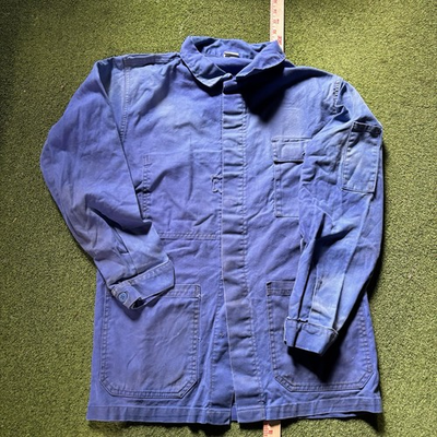 #ad vintage blue french chore coat size small faded and distressed workwear euro $70.00