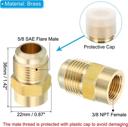 2 Pack Brass Flare Fitting Coupling Adaptor 5/8 SAE Flare Male to 3/8 NPT Female