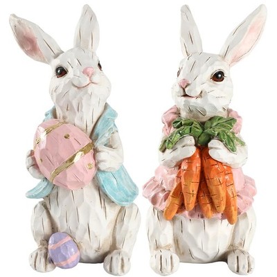 Easter Bunny Figurines Resin Rabbit With Carrots Egg White 2 PCS