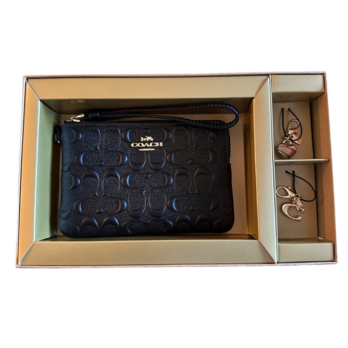 Coach Signature Black Leather Corner Zip Wristlet Gift Set with