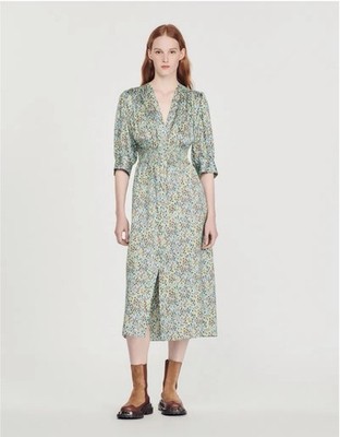 Sandro Provence Floral Smocked Waist Midi Dress In Light Green Multi Sz 38 AU 10