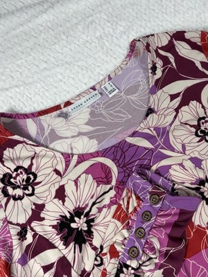 Susan Graver Liquid Knit Pink Purple White Floral Long Sleeve Top Size Medium
