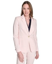 Tommy Hilfiger Pinstripe One-Button Blazer Women 14 Powder/Midnight Short Sleeve