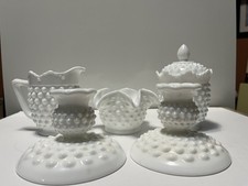 Vintage Fenton Hobnail Milk Glass Lot of 5: Sugar Bowl, Creamer, Candy, Candle