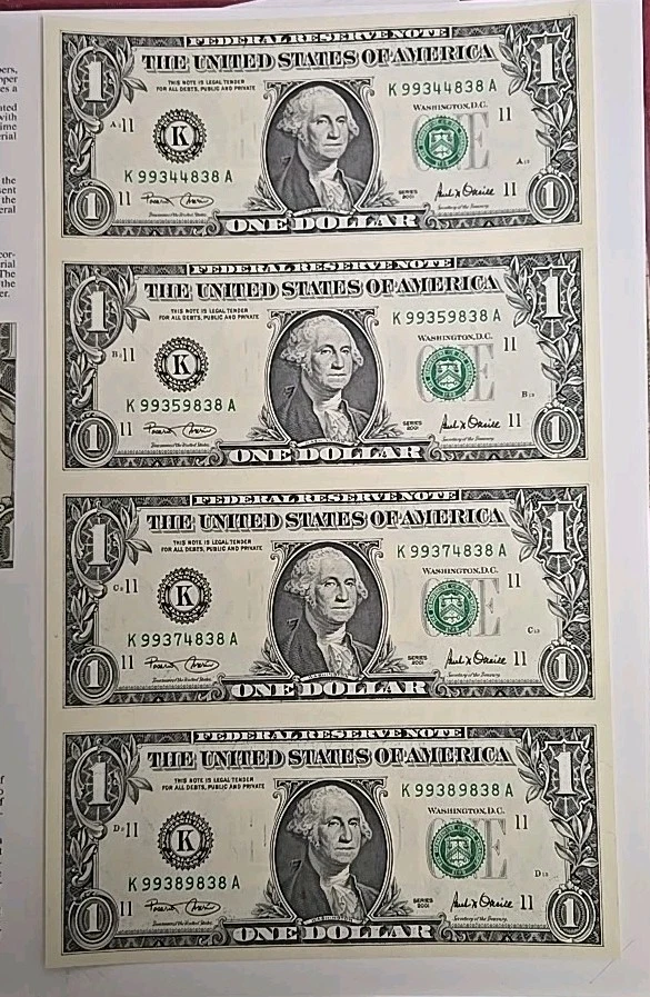 2001 $1 Dallas Federal Reserve Note (4) Piece Uncut Sheet Dallas - Image 2 of 4