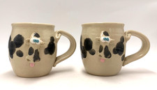 Studio Pottery Mug Set of 2 with Applied 3D Spotted Cow Handmade Farm Folk Art