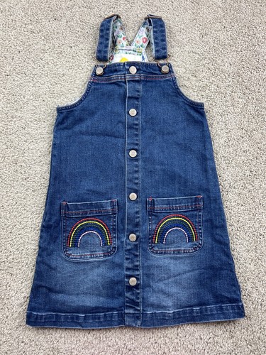 Mini Boden Dress Girls Size 8-9 Denim Jeans Overall Jumper Rainbow Pockets