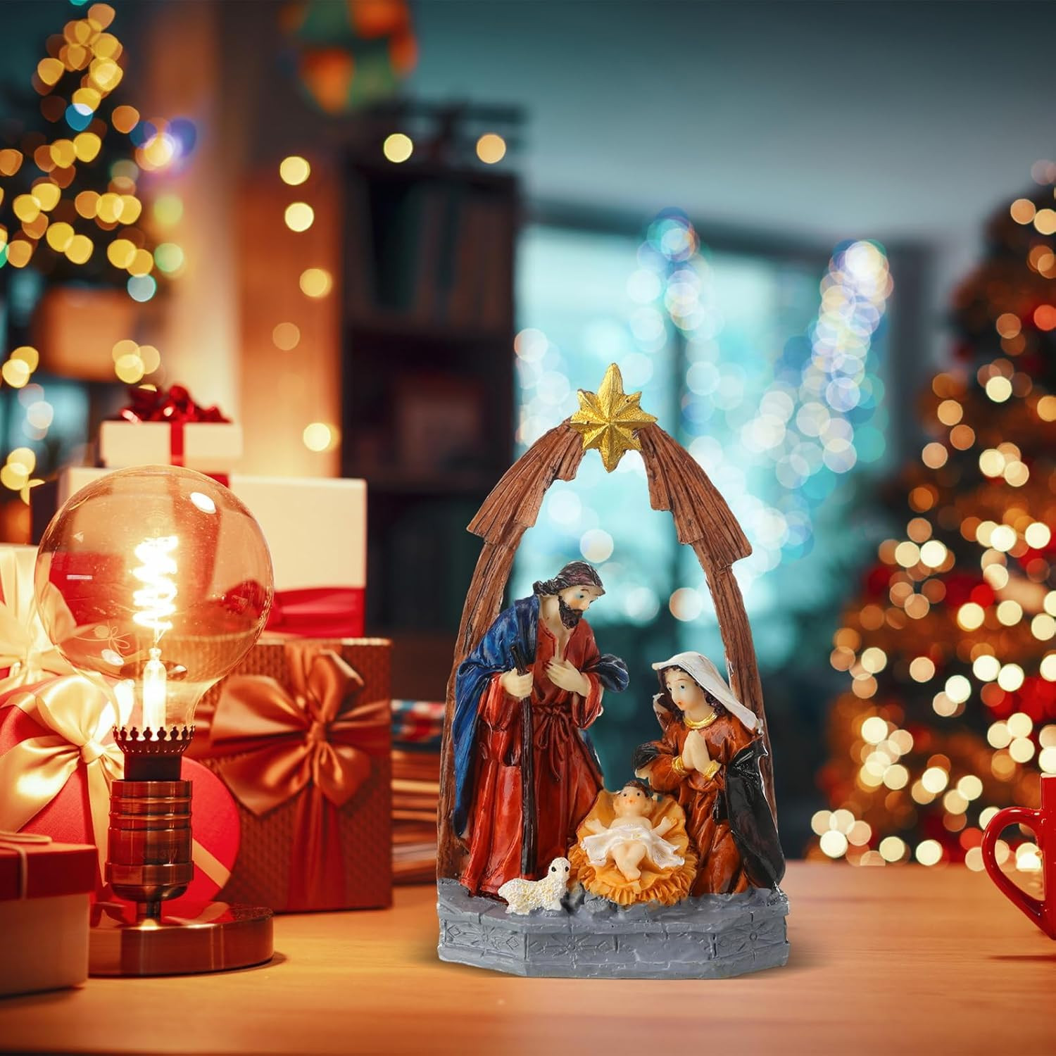 Red Gold Holy Family Nativity Figurine Handcrafted Resin Angel Lamb Set NEW