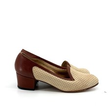 Vintage 80s Bally France Cream Genuine Leather Perforated Block Heel Loafers
