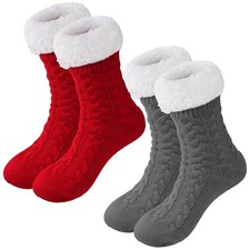 2 Pairs Women's Knit Slipper Socks with Non-slip Grippers Women Winter Thick