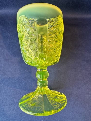 Uranium Glass Vaseline Opal Goblet Daisy & Button Pattern LG Wright Adams Glass - Picture 10 of 18