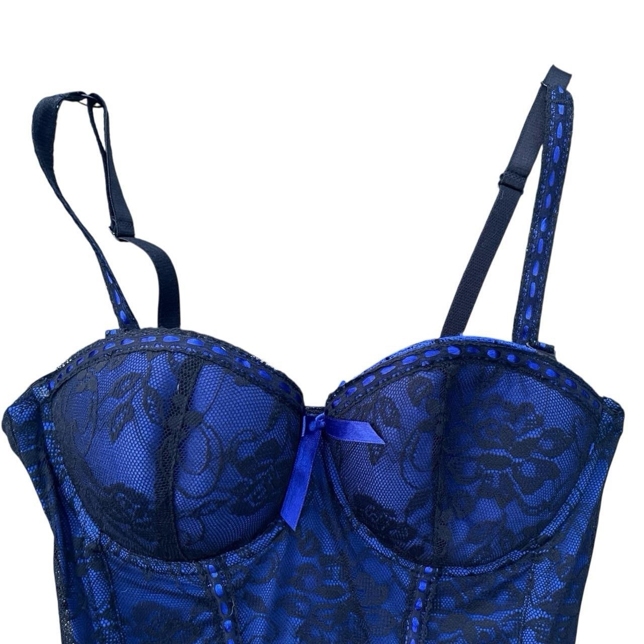 Seven 'Til Midnight Molded & Underwire Cup Blue Black Lace Satin Bustier Medium 