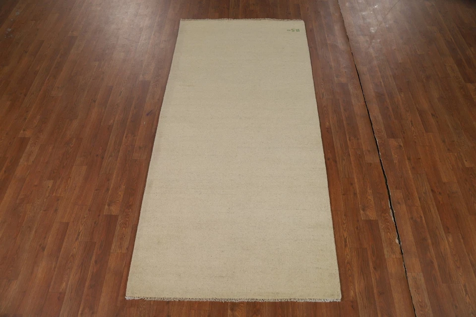 Solid Wool Oriental Runner Rug 3x7 Ivory Hand-knotted Contemporary Carpet - Image 3 of 4